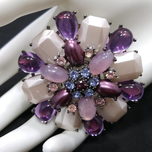 Purple White Cabochons Gunmetal Gray Brooch, Lavender Purple Rhinestones, 2 1/2" - Picture 1 of 6